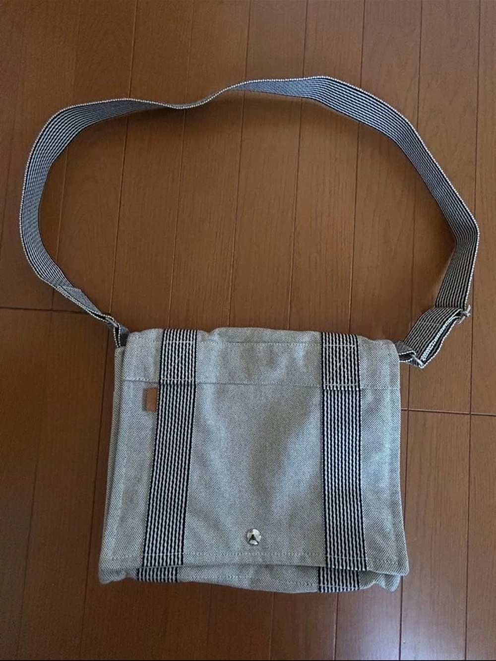 Hermes Light Gray Canvas Messenger Bag with Striped Strap